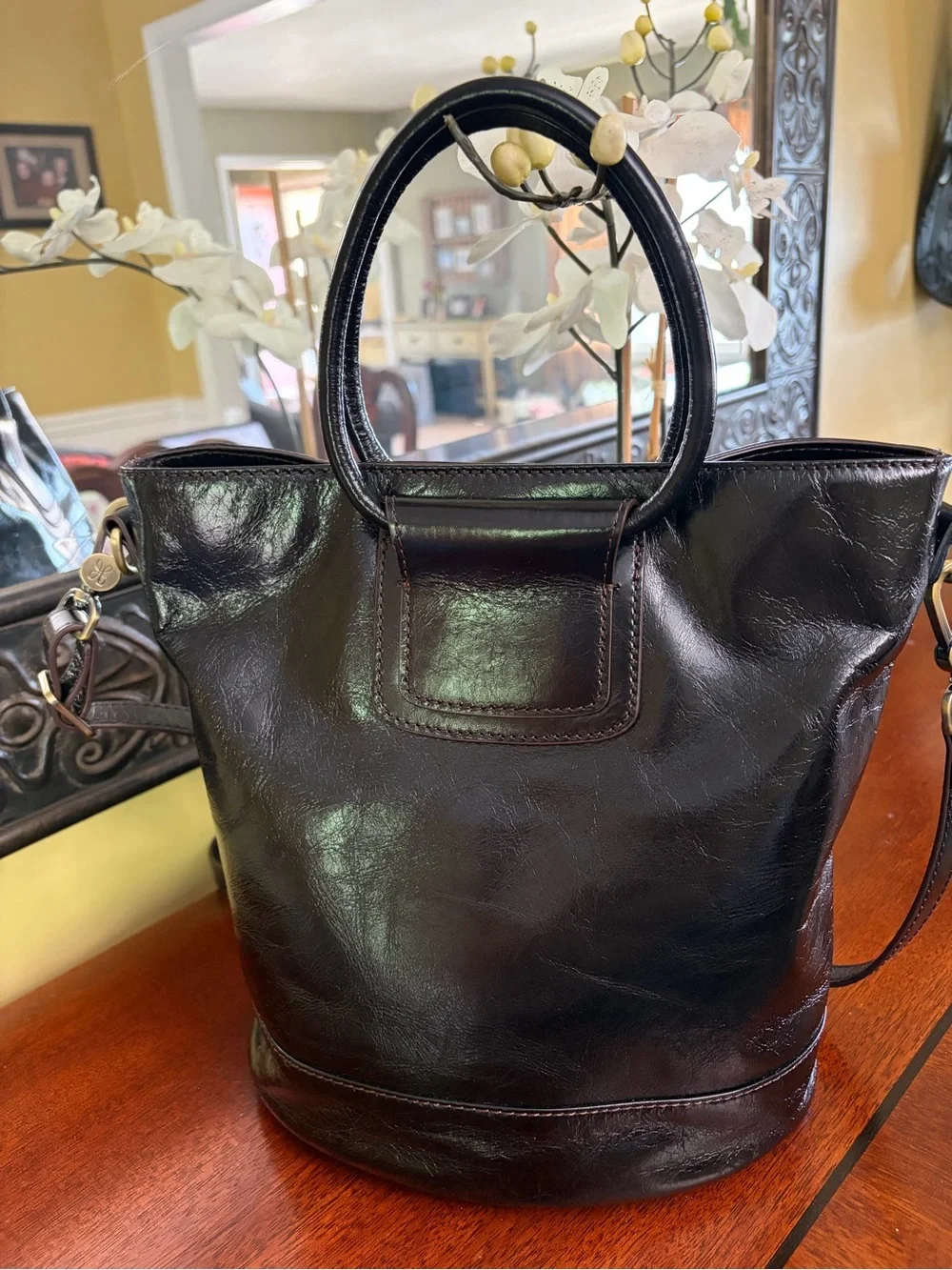 HOBO Maggie Satchel/Crossbody Polished Black Leather And Sleek Handles